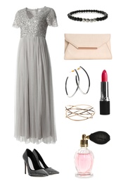 Elegant outfit. Collage with dress, shoes, accessories and cosmetics for woman on white background