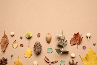 Flat lay composition with autumn leaves on beige background, space for text