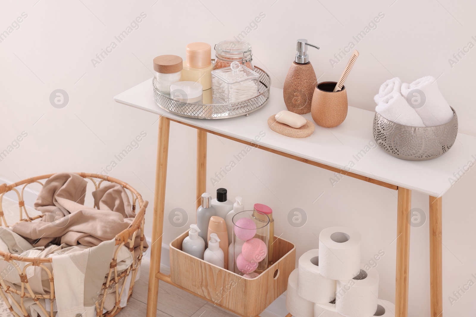 Photo of Different bath accessories and personal care products indoors