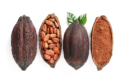 Photo of Composition with cocoa products on white background, top view