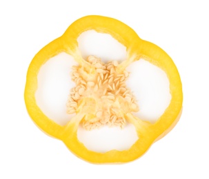 Slice of yellow bell pepper with seeds isolated on white, top view