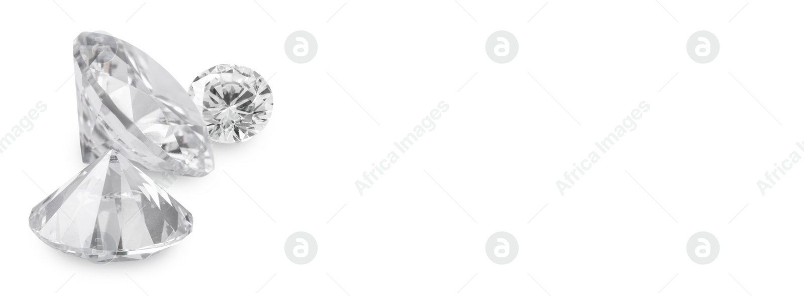 Image of Beautiful dazzling diamonds on white background, banner design. Space for text