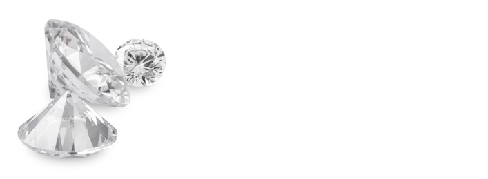 Image of Beautiful dazzling diamonds on white background, banner design. Space for text