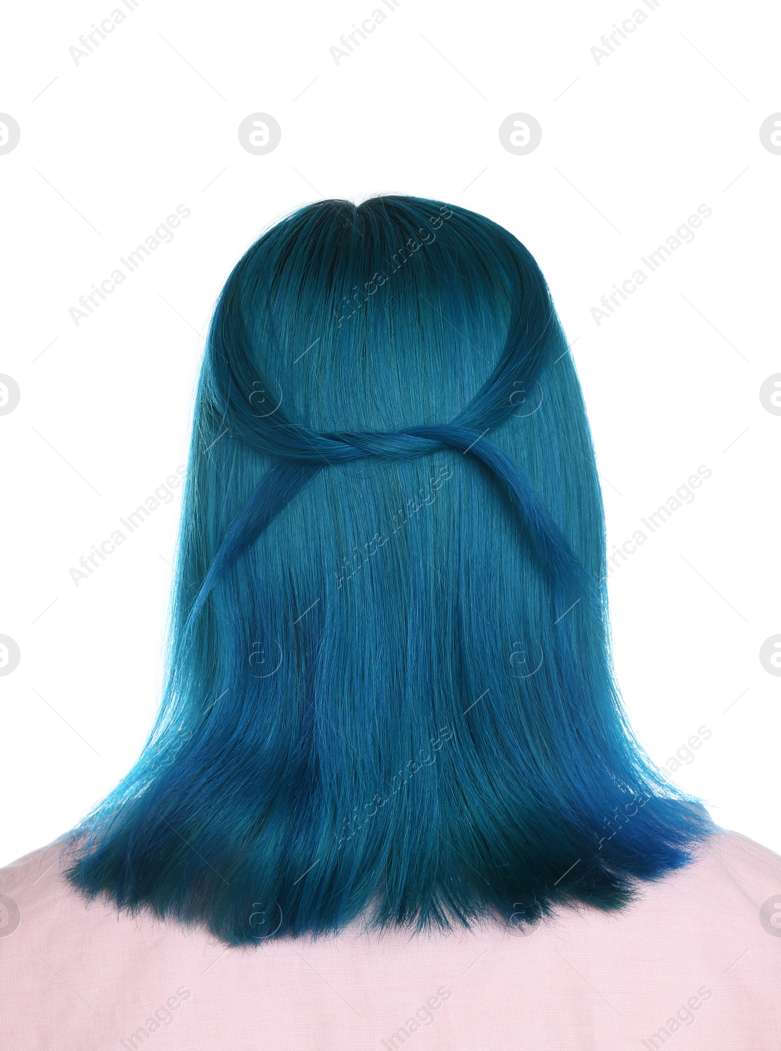 Photo of Woman with bright dyed hair on white background, back view