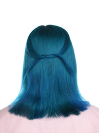 Woman with bright dyed hair on white background, back view