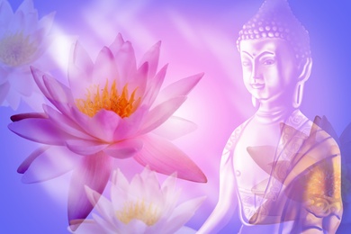 Image of Double exposure of lotus flowers and Buddha figure