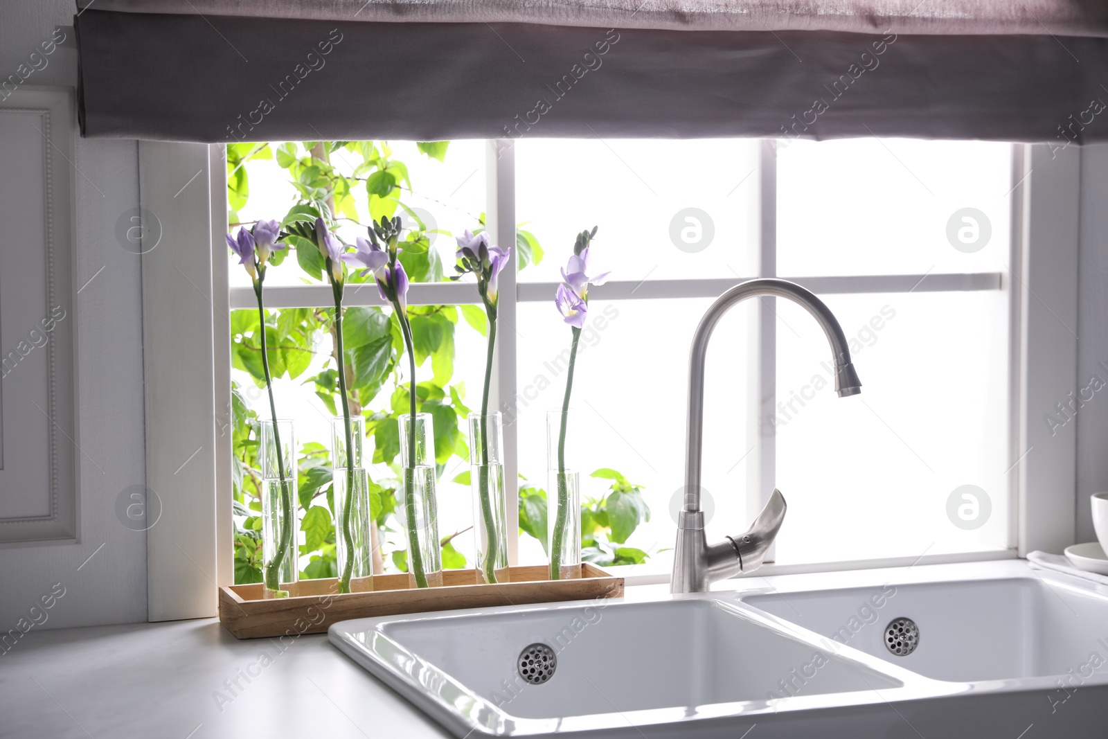 Photo of Beautiful freesia flowers near window in kitchen