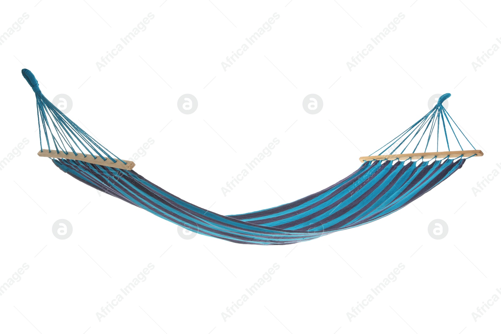 Photo of Empty comfortable blue hammock isolated on white