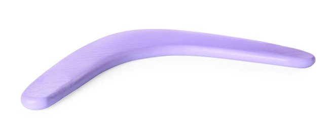 Photo of Purple boomerang isolated on white. Outdoors activity