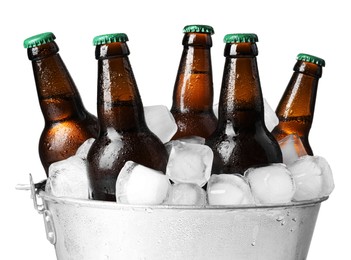 Photo of Metal bucket with bottles of beer and ice cubes on white background