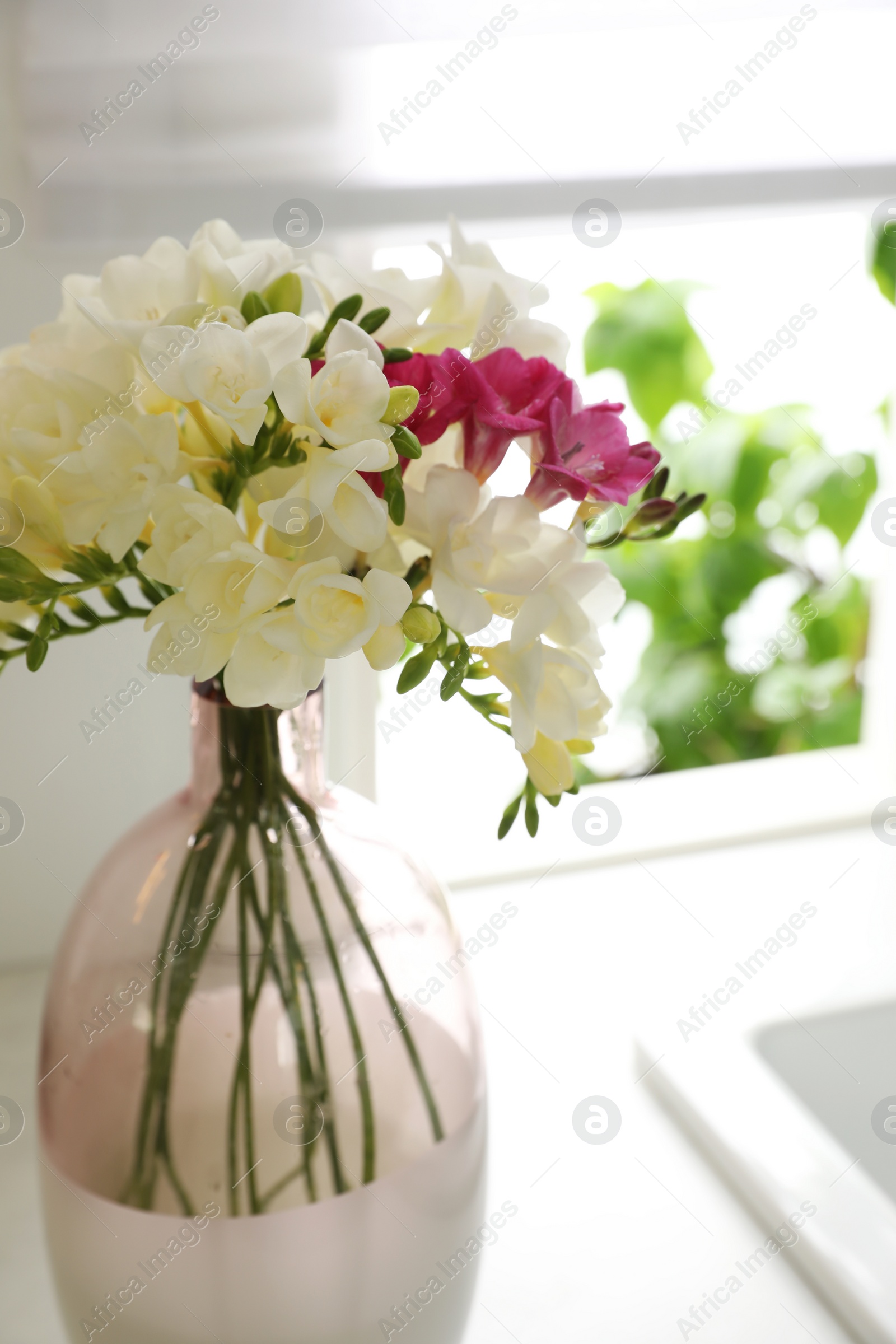 Photo of Beautiful bouquet of freesia flowers on countertop indoors, closeup