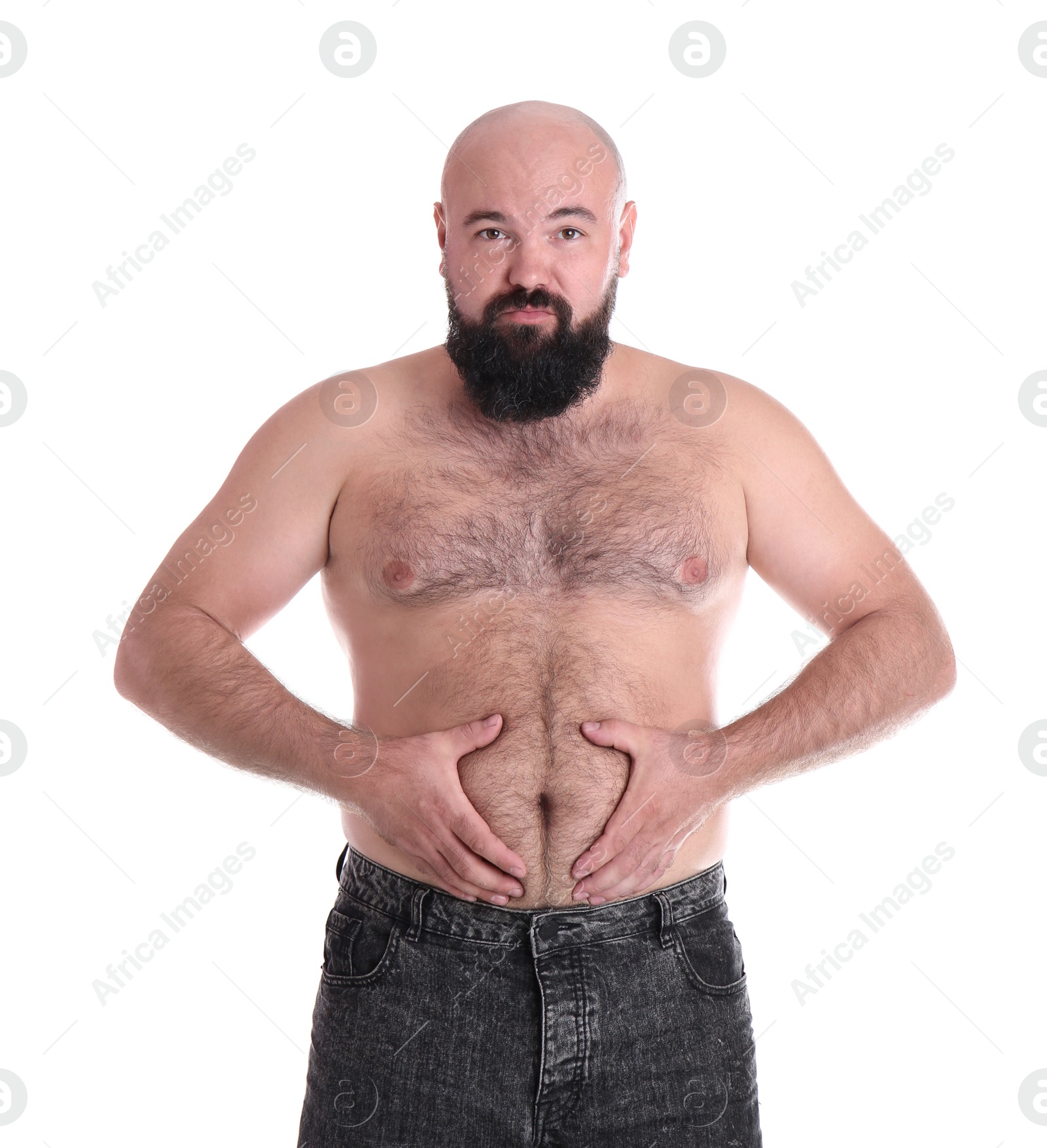 Photo of Fat man on white background. Weight loss