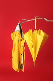 Photo of Closed yellow umbrella and stylish raincoat hanging on branch against red background