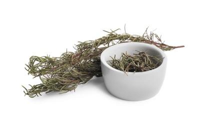 Photo of Dry rosemary and bowl isolated on white