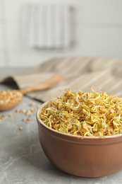 Photo of Bowl of sprouted green buckwheat on light grey table