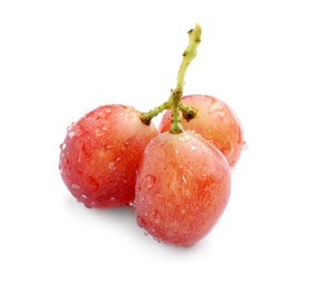 Photo of Fresh ripe juicy pink grapes isolated on white