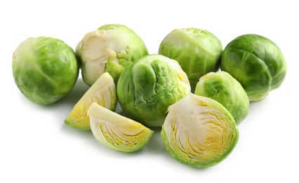 Fresh tasty Brussels sprouts on white background