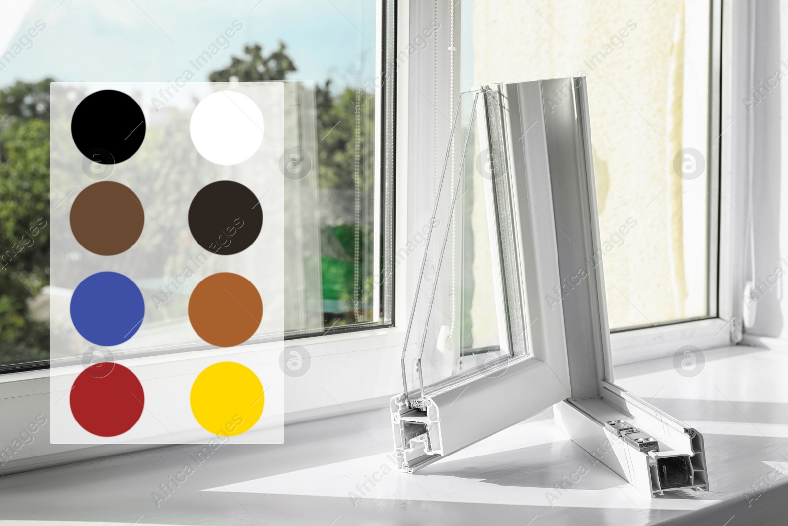 Image of Sample of modern window profile on sill and avaiable colors palette