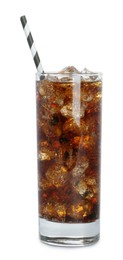 Photo of Glass of cola with ice cubes and straw isolated on white. Refreshing soda water