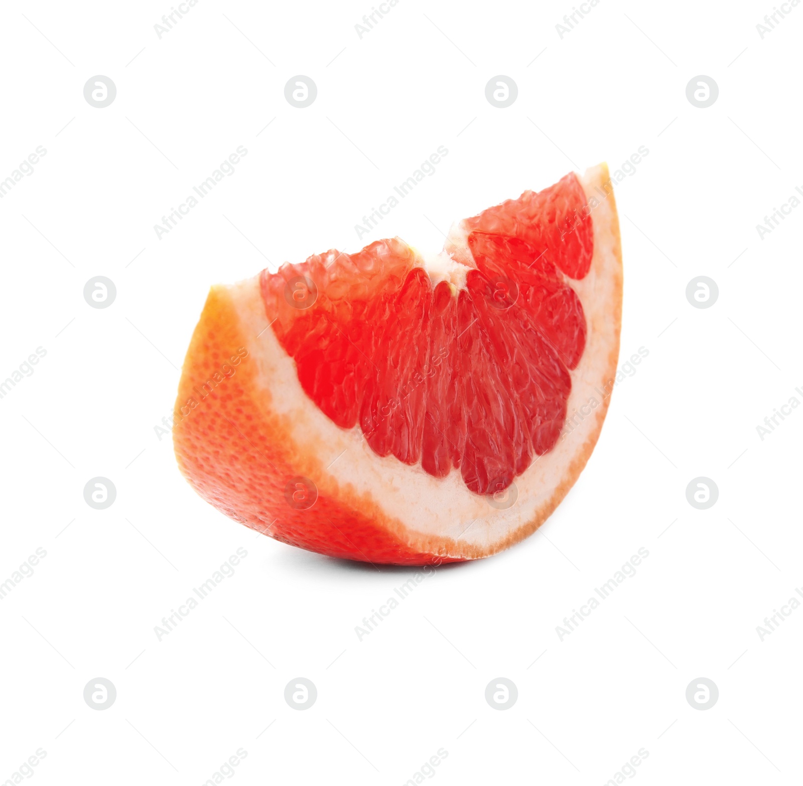 Photo of Slice of ripe juicy grapefruit on white background