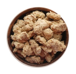 Photo of Dehydrated soy meat chunks in bowl on white background, top view