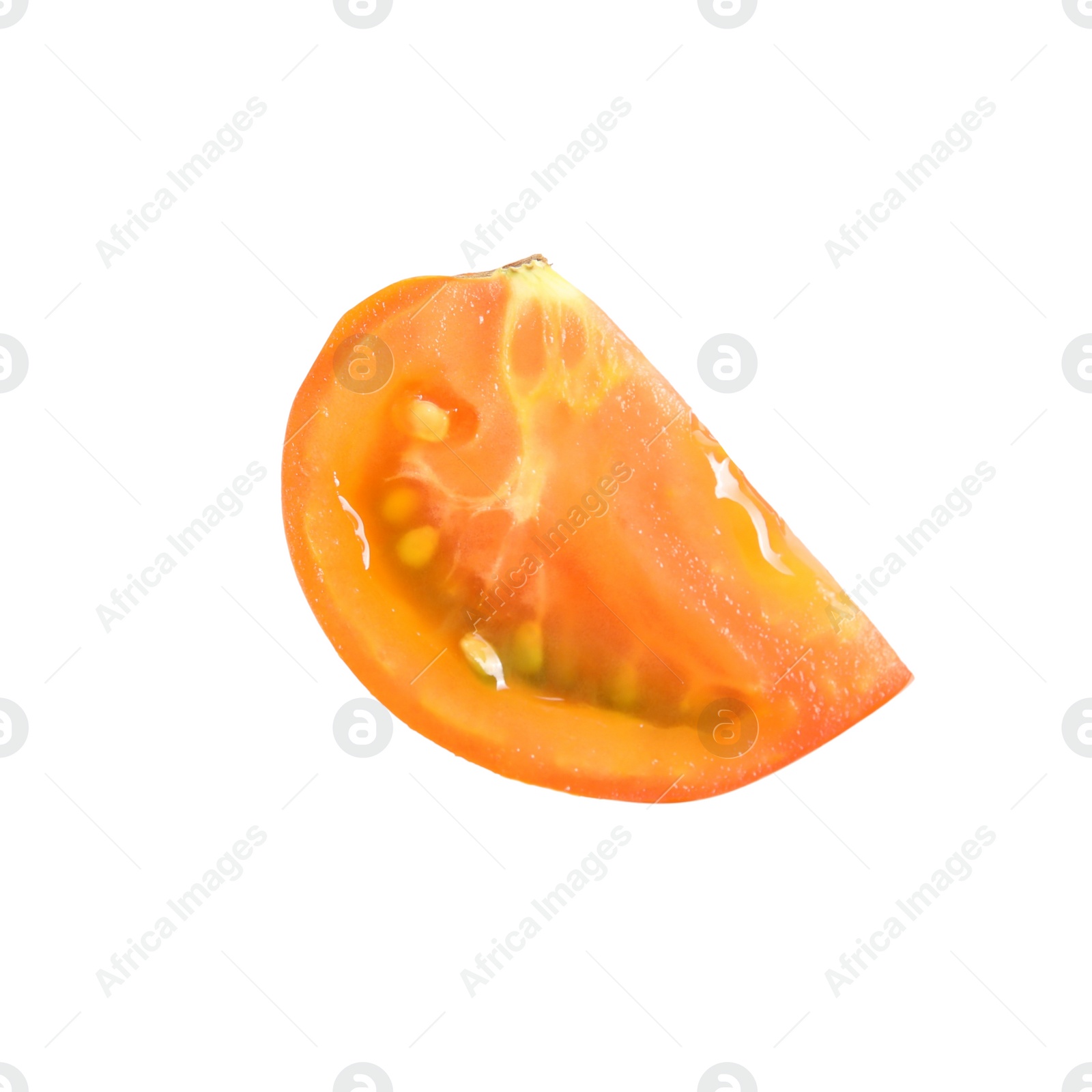 Photo of Piece of fresh ripe yellow tomato on white background