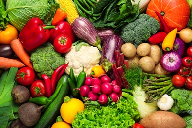 Photo of Different fresh vegetables as background, closeup view