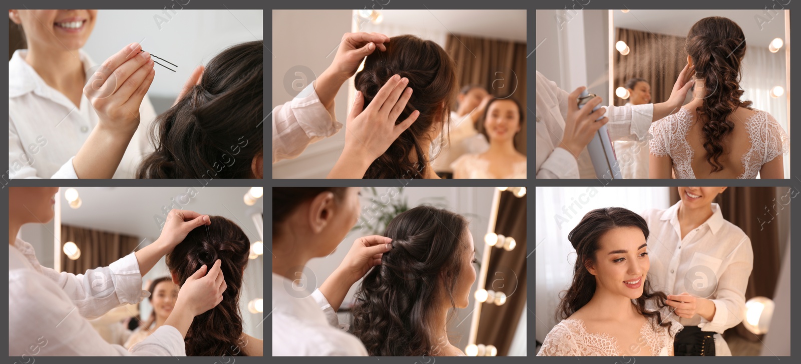 Image of Hair styling process. Collage with photos of hairdresser and woman in salon