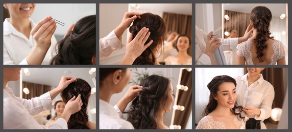 Image of Hair styling process. Collage with photos of hairdresser and woman in salon