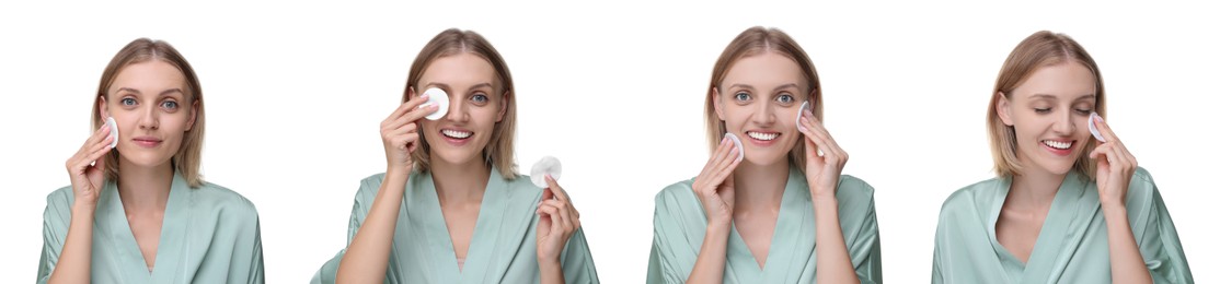 Image of Woman cleaning her face with cotton pads on white background, set of photos