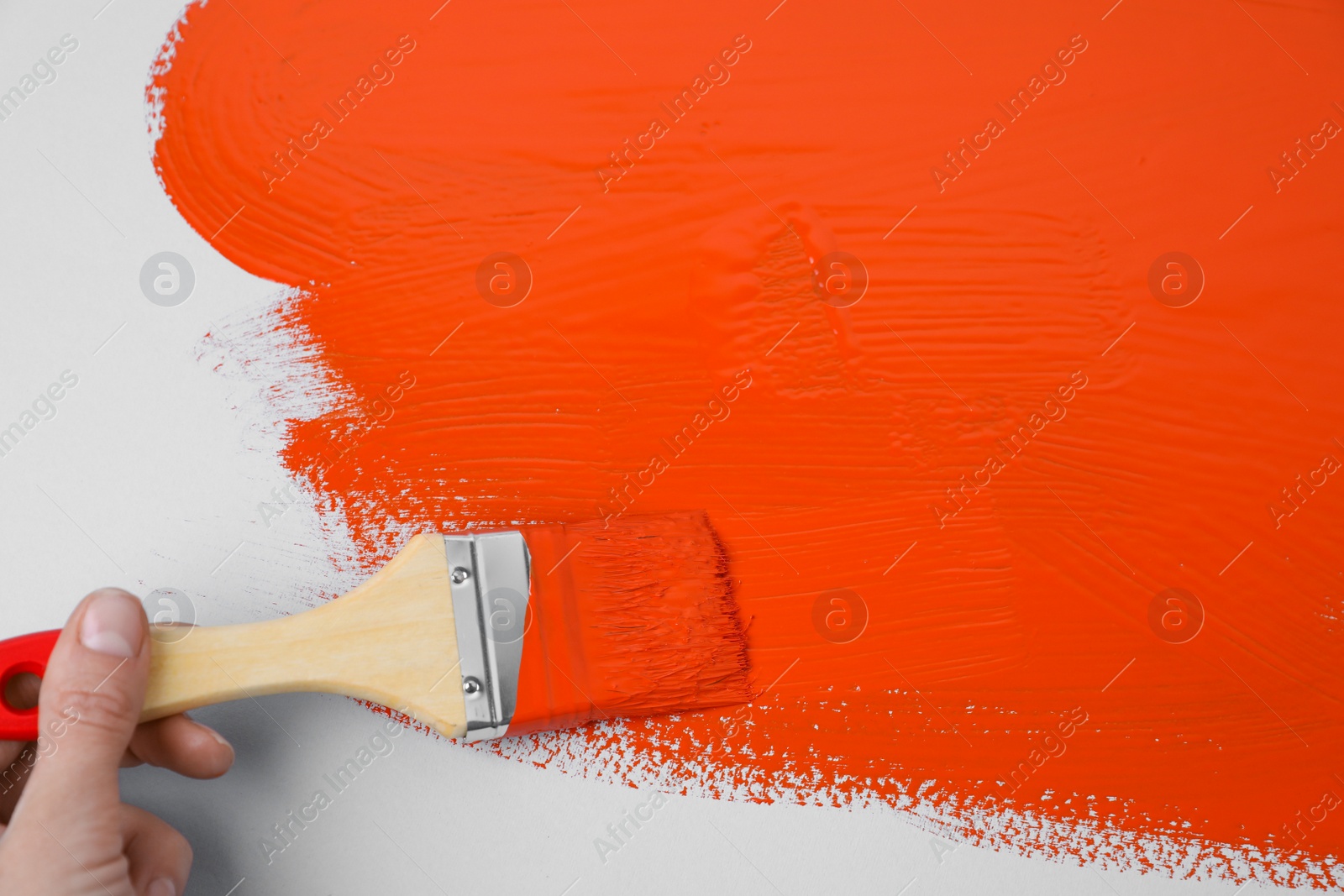 Photo of Man applying orange paint with brush on white background, closeup