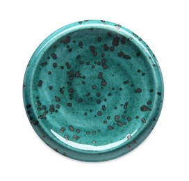 Photo of Turquoise ceramic plate isolated on white, top view