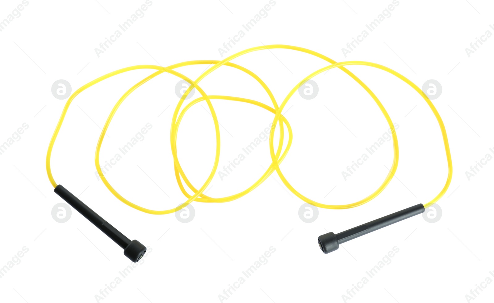 Photo of Yellow skipping rope with black handles isolated on white, top view