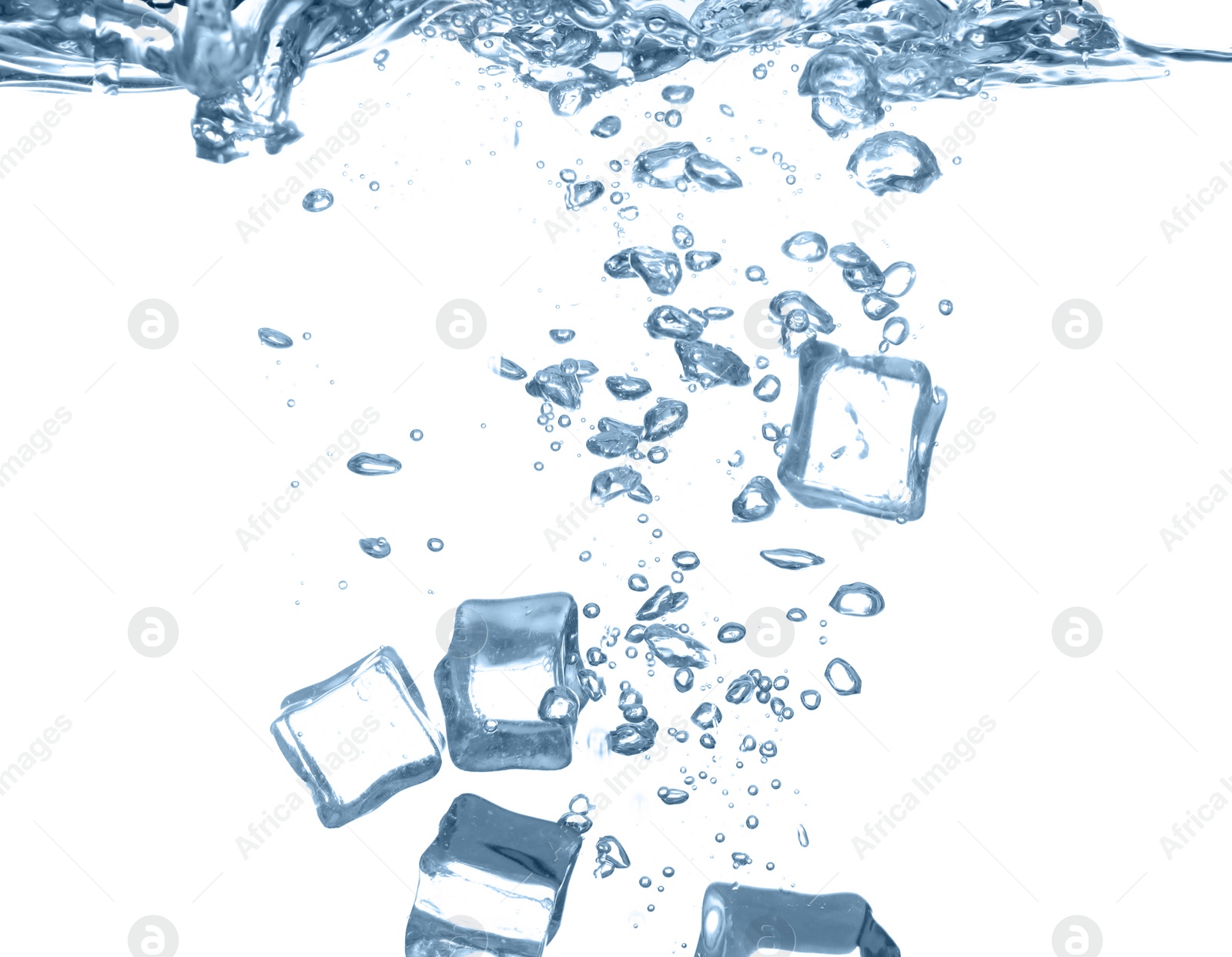 Photo of Ice cubes falling into water against white background