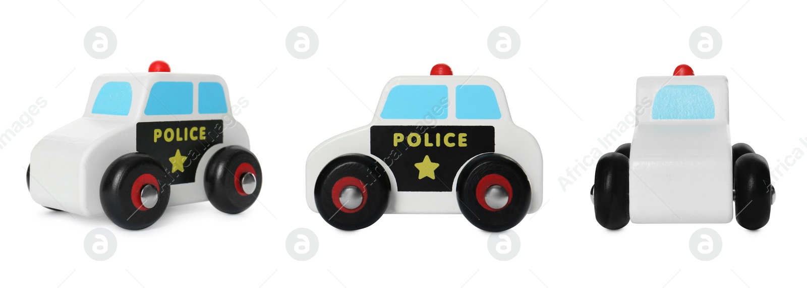 Image of Police car isolated on white, different angles. Collage design with children's toy