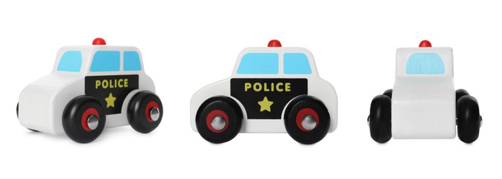 Image of Police car isolated on white, different angles. Collage design with children's toy