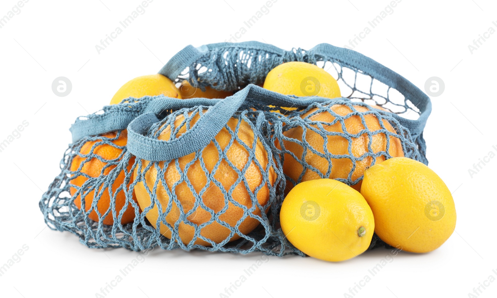 Photo of String bag with oranges and lemons isolated on white