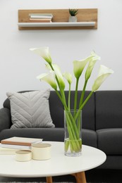 Beautiful calla lily flowers in glass vase, boxes and books on white table at home