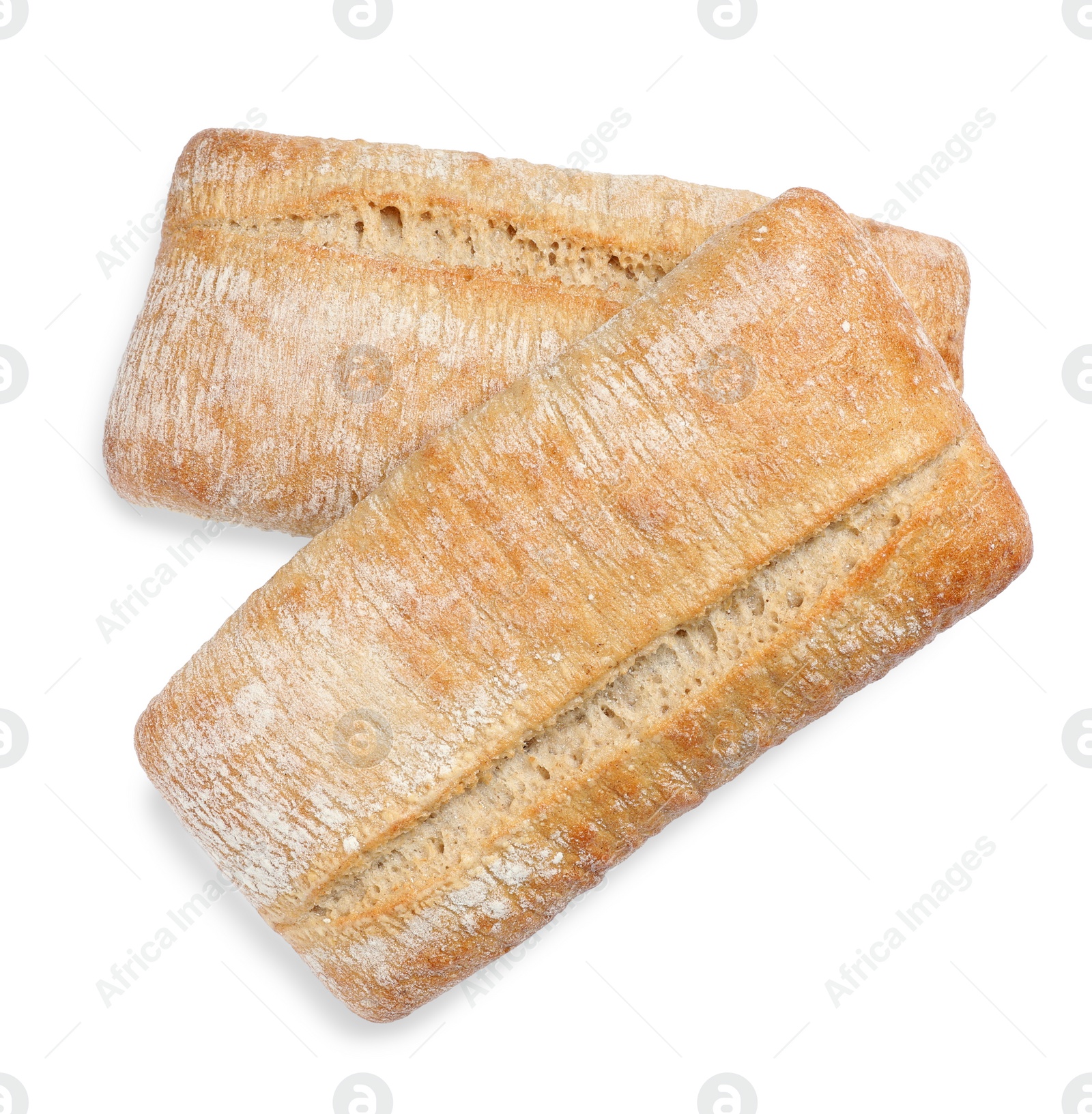 Photo of Crispy ciabattas on white background, top view. Fresh bread