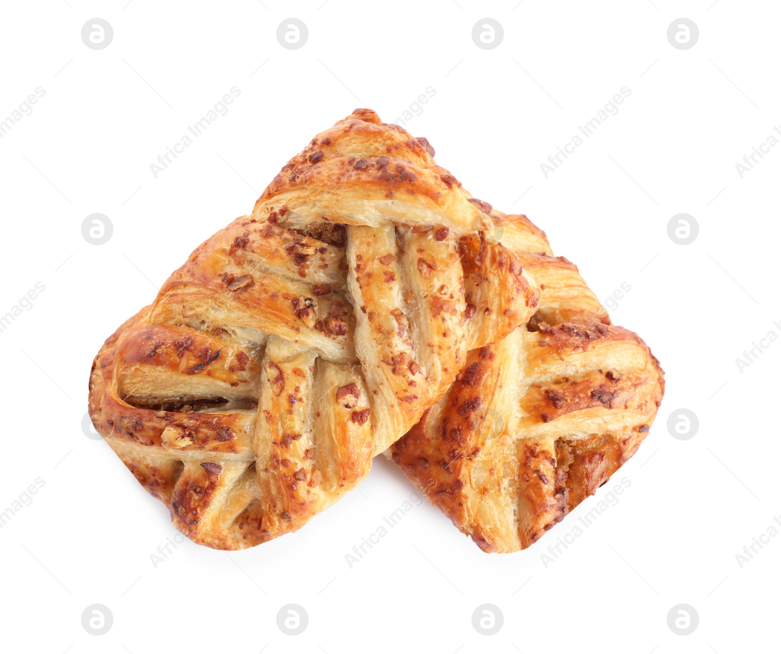 Photo of Fresh tasty puff pastry on white background, top view