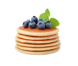 Photo of Delicious pancakes with blueberries and mint isolated on white
