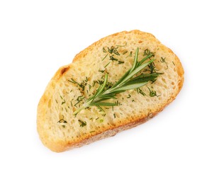 Piece of tasty baguette with rosemary and dill isolated on white, top view