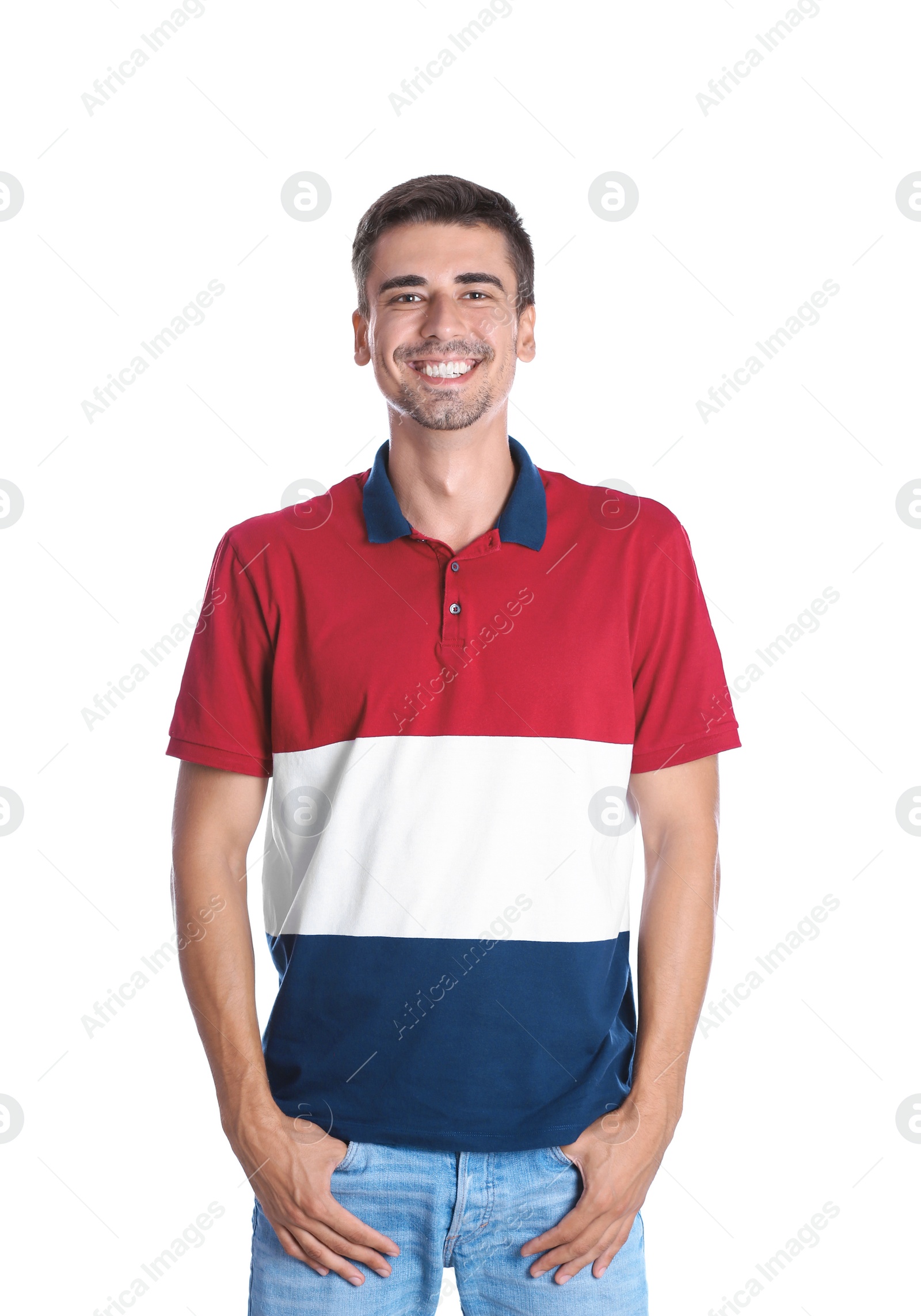 Photo of Portrait of handsome young man smiling on white background