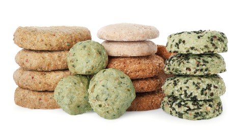 Photo of Many different raw vegan meat products on white background