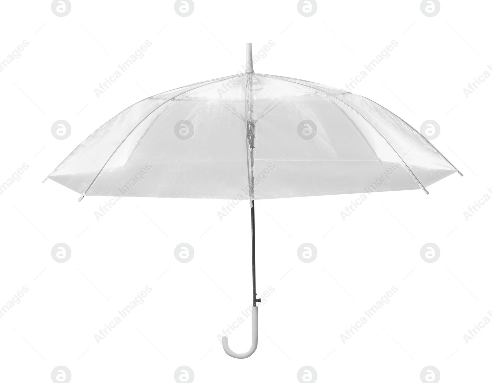 Photo of Open modern transparent umbrella isolated on white