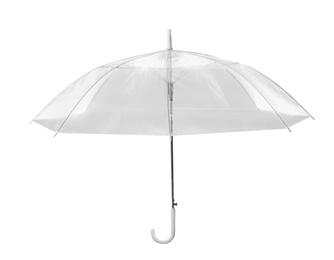 Photo of Open modern transparent umbrella isolated on white