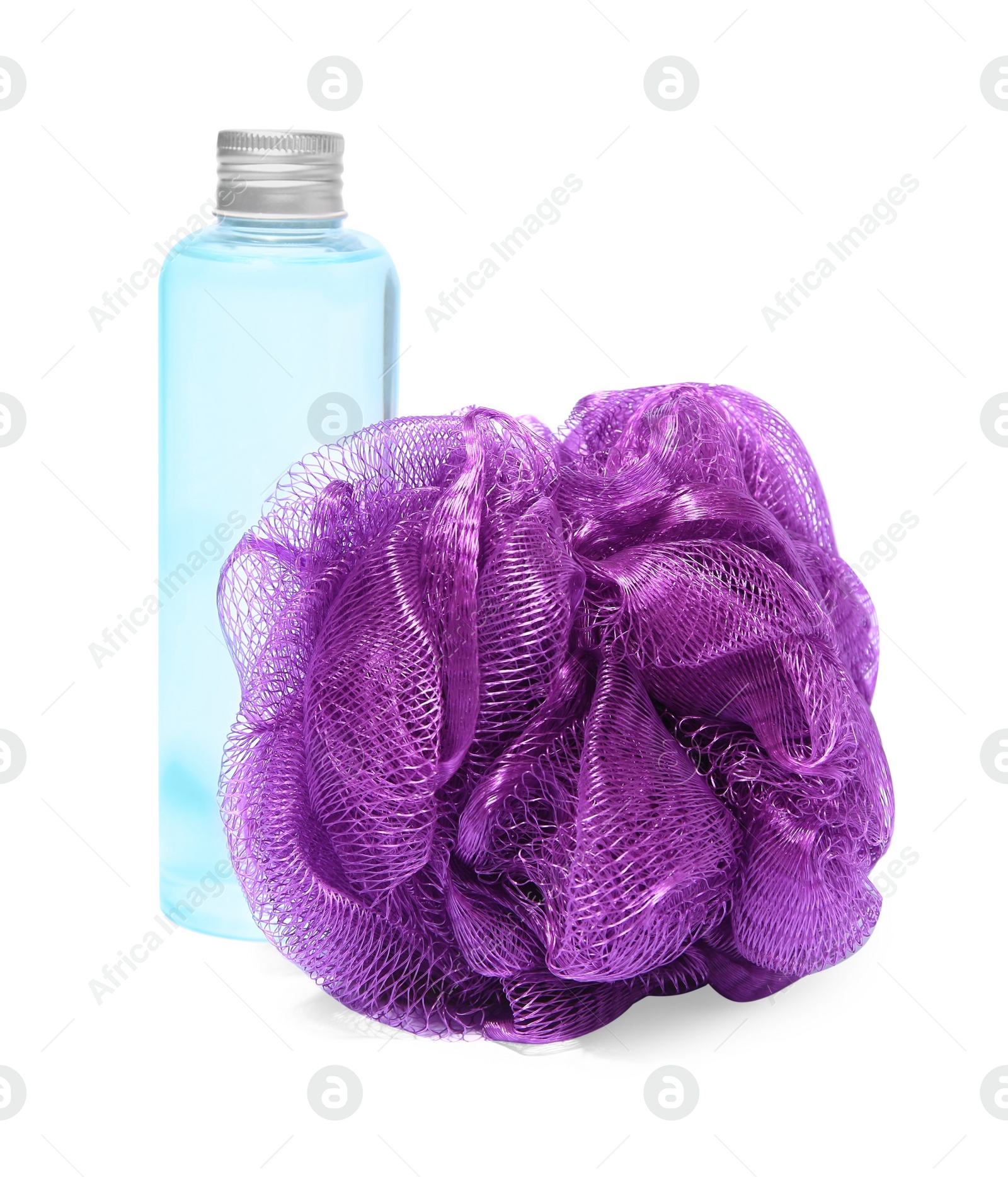 Photo of New purple shower puff and bottle of cosmetic product on white background