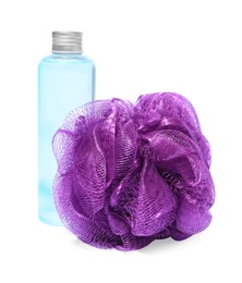 New purple shower puff and bottle of cosmetic product on white background