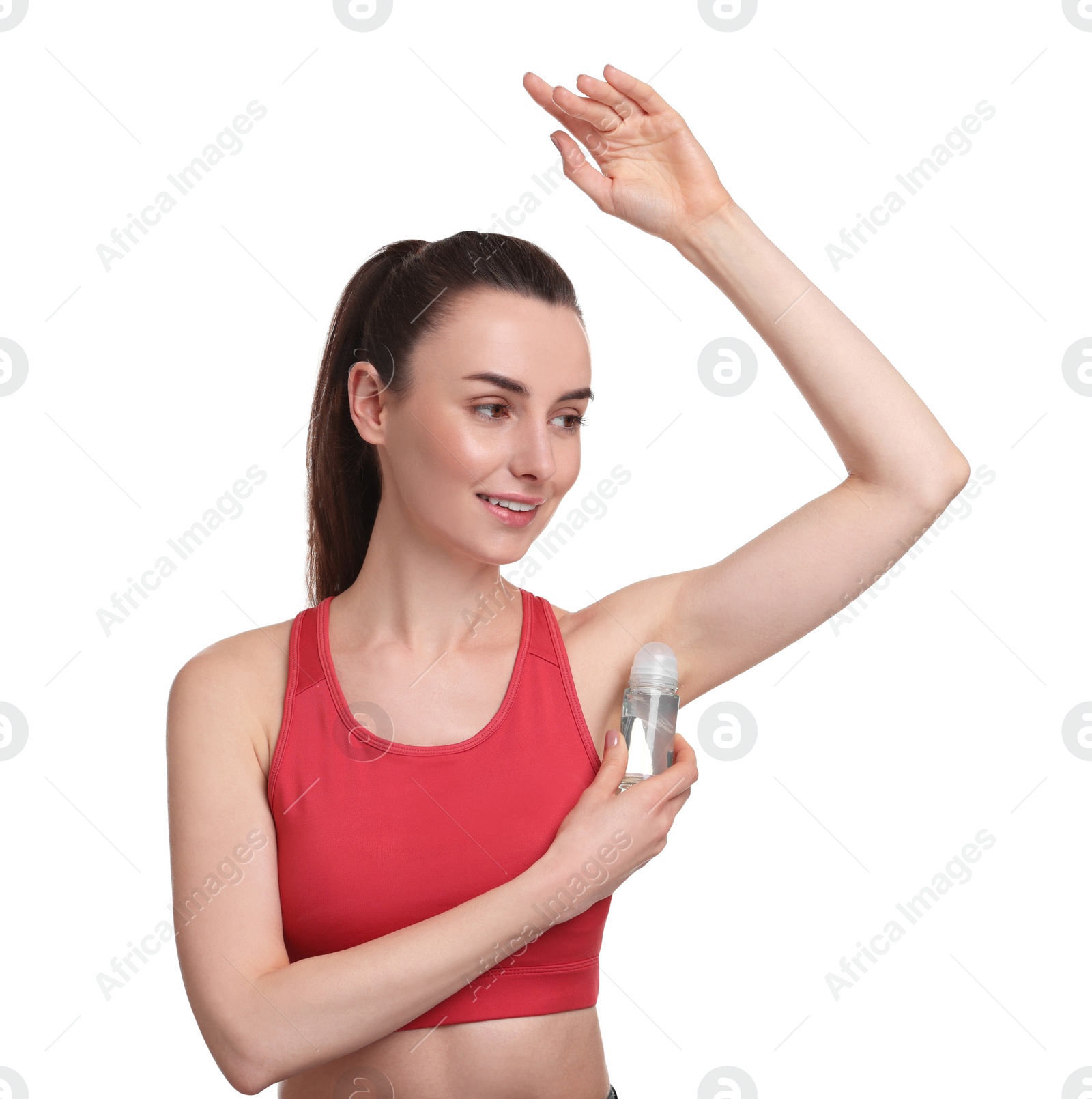 Photo of Beautiful woman applying deodorant on white background