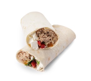 Photo of Delicious tortilla wraps with tuna isolated on white